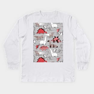 Origami dino friends // pattern // grey linen texture background red white and beige dinosaurs Kids Long Sleeve T-Shirt